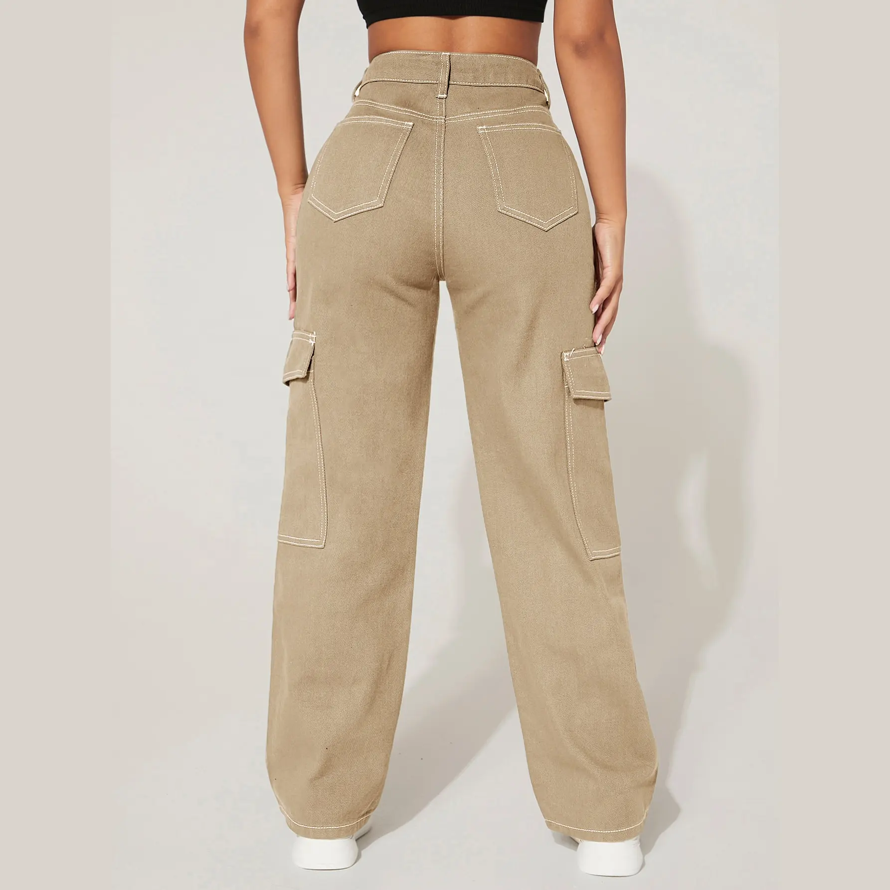 Pantalones Cargo de moda para mujer, capris Hippie de Patchwork con bolsillos y cremallera, ropa de calle de cintura alta tejida ancha y recta, 2023