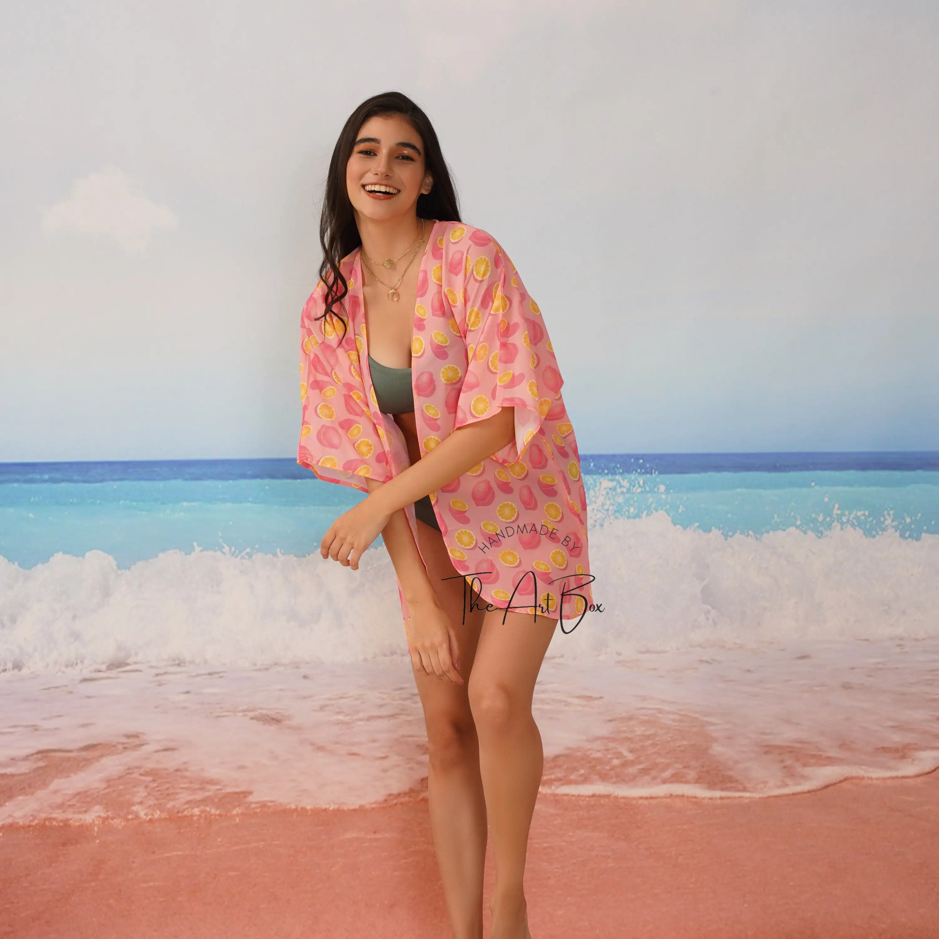 Abbigliamento da spiaggia indiano fatto a mano Bikini coprente comoda giacca Kimono con stampa scrollata di spalle da donna
