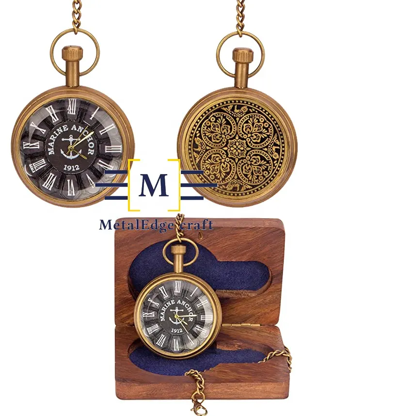 Reloj de bolsillo de latón con esfera de color único de lujo, caja de madera personalizable, cadena personalizada, ancla marino, regalo de promoción de boda para hombre mejor