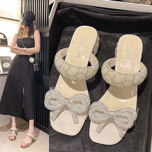 Sapatos de salto médio quadrado básico para mulheres, chinelos de verão com cordão de borboleta brilhante, novidade diária para mulheres, plus <span class=keywords><strong>size</strong></span>