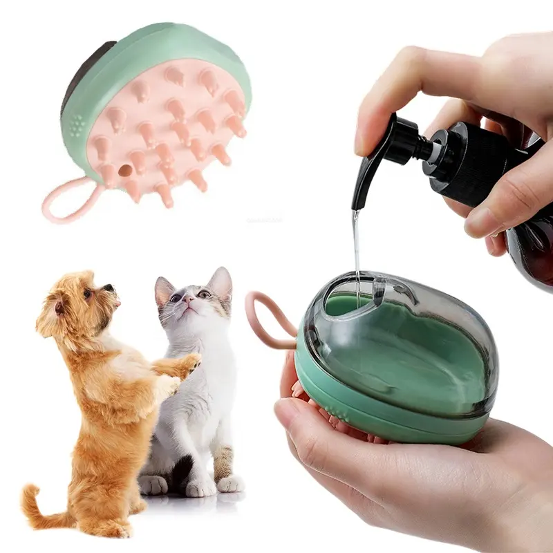 Pet Cleaning & Grooming Products Soft Silicone Shampoo Dispenser Pet Dog Cat Massagem Escova de banho para cabelo Dematting e remoção