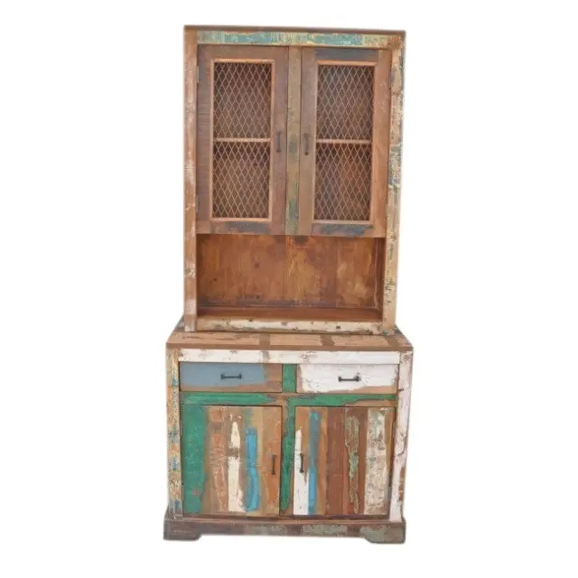 Antiguo indio Industrial Vintage diseño barco recuperado madera doble puerta 2 cajones gabinete de vidrio estante de exhibición para el hogar