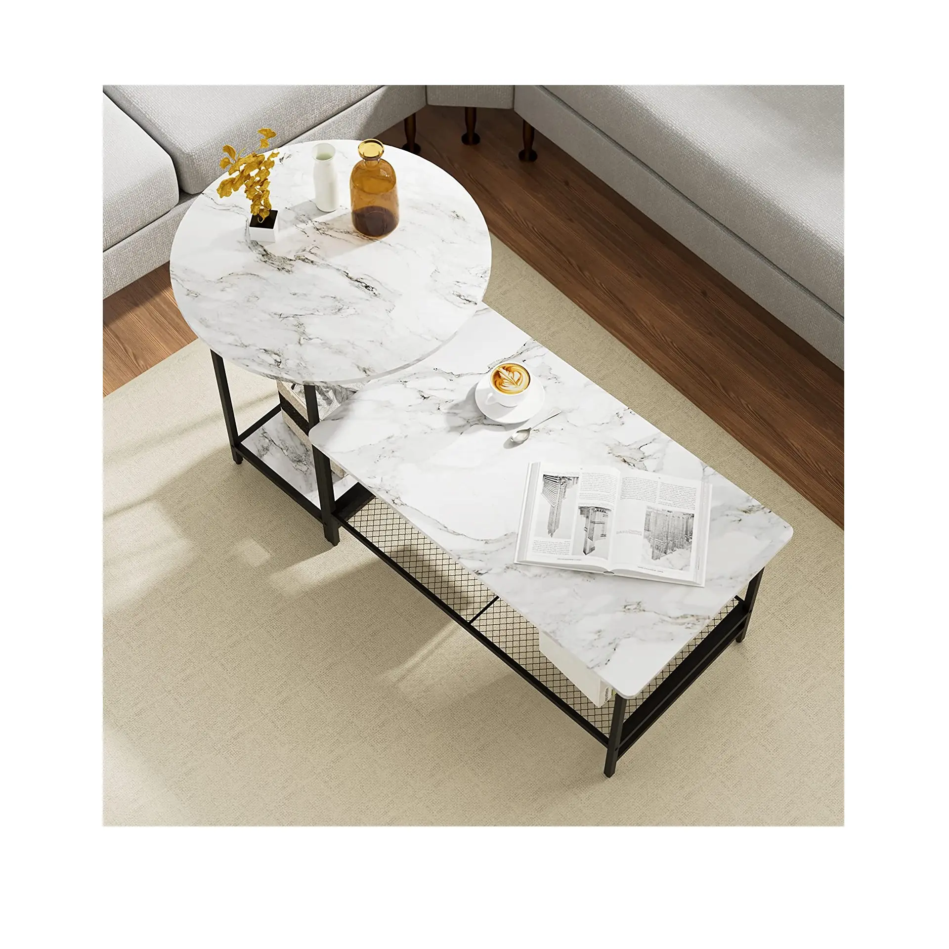 Tavolino da caffè in marmo bianco Set di 2 grandi rettangolari rotondi e lunghi a 2 livelli ripiano in legno staccabile soggiorno moderno bianco