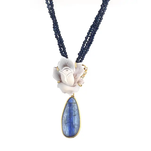 Collana cammeo floreale IN SARDONYX MM 25/30 inciso a mano IN argento 925 placcato oro blu pizzo 30 MM 2 MM ZIRCONIA 45 CM