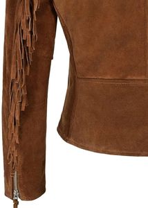 Amerikan tarzı moda boncuklu uzun kollu hakiki inek deri saçak batı ceket Cowgirl kahverengi deri kadın batı ceket - Product Image 5