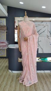 Hafif sahte Georgette Saree bluz iplik ve dizisi ile kadınlar için düğün Partywear Saree hindistan'dan