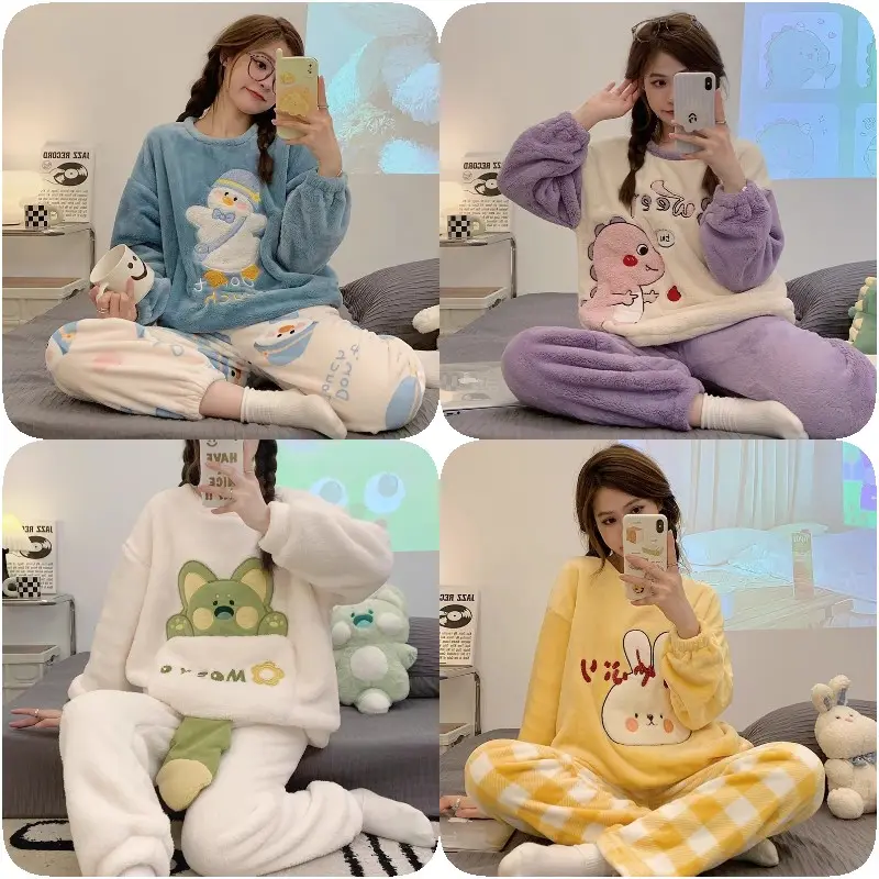 Atacado Inverno Flanela Dos Desenhos Animados Imprimir pijama Manga Longa das mulheres Engrossar Coral Fleece Pijama set