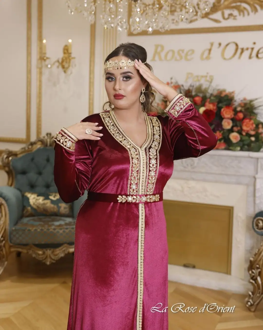 Maroon De Seda De Veludo Personalizado Eid Ramadan Mão Trabalho Marroquino Caftan Kaftan Vestido Festa Casamento Vestuário Marroquino Tradicional