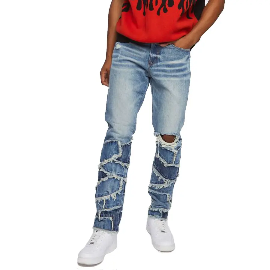 Высококачественные мужские потертые зауженные рваные джинсы с индивидуальными нашивками, прикрепленными на нижней части, распродажа