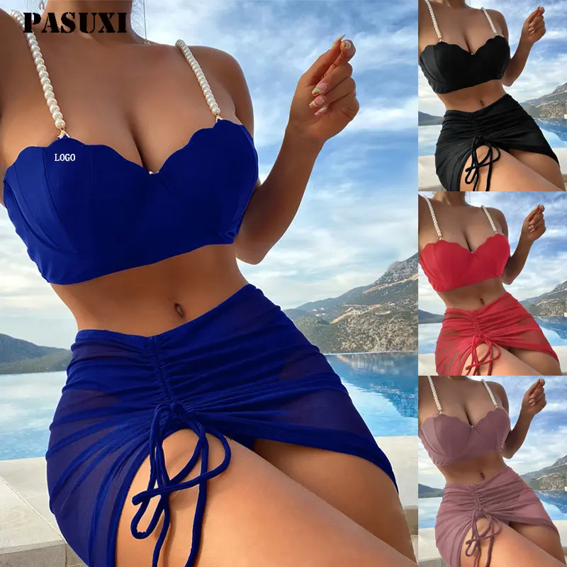 PASUXI-traje de baño de talla grande para mujer, bañador Sexy con cuello colgante, ropa de baño de 3 piezas con estampado de cintura alta, Bikini de playa a la moda