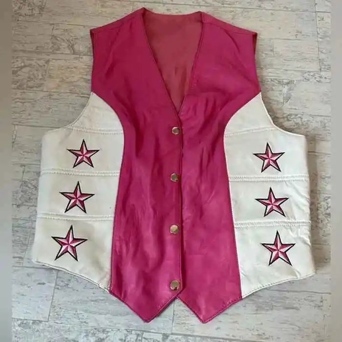 Custom Girls Vest Winter Sleeveless Hot Pink Leather Vest Star Embroidered 22 Inches at Longest Part of Vest.
