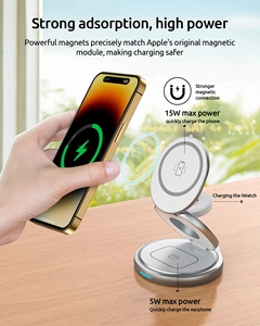 แท่นชาร์จไร้สายแบบ3-in-1แม่เหล็กสังกะสีอัลลอยพับได้หมุนได้หลายอุปกรณ์360องศาสำหรับหูฟัง Qi สำหรับเดินทางใน Qi2 - Product Image 4