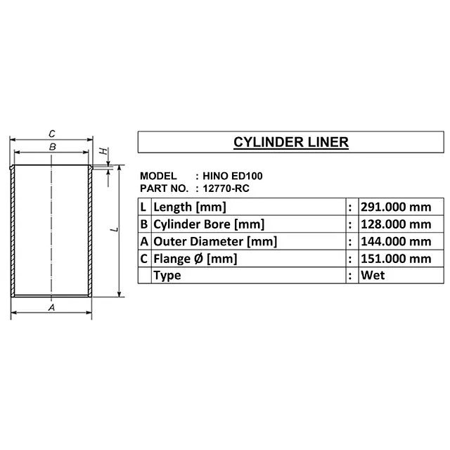 hino ed100 for Wet cylinder liner oe 12770-rc id 128 od 144 length 291 made in india