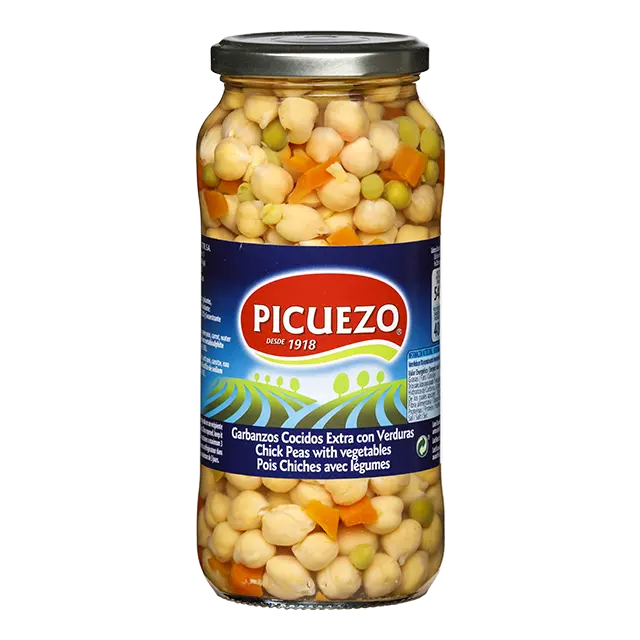 Pois chiches en conserve qualité extra pois chiches cuits avec légumes en pot pour la vente au détail et Horeca Conserves de légumineuses fabriquées en Espagne