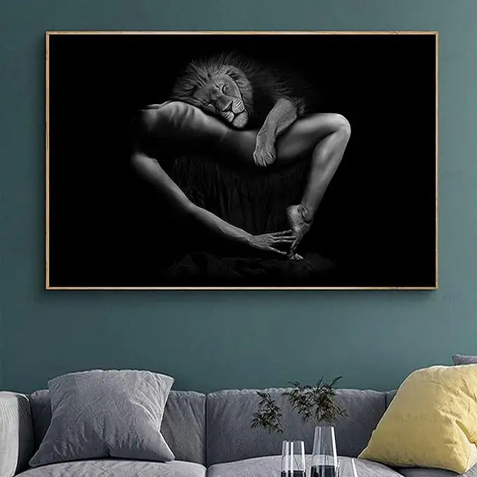 Póster de León abstracto de Arte de pared en blanco y negro, imagen de León, pintura abstracta de mujer desnuda para mujer