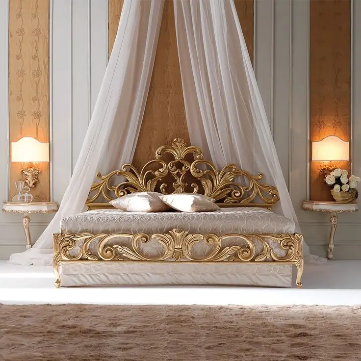 Luxury Unique European Rococo Gold Leafing Style bed Royal Imperial Hand Antique Bed For Master Bedroom Best Seller Furniture