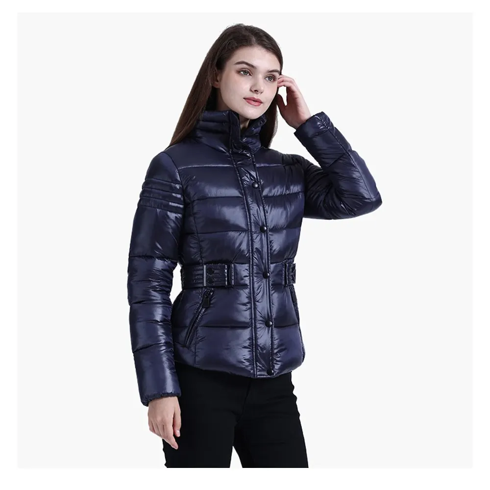 अनुकूलित के लिए स्लिम डिजाइन Puffer जैकेट महिलाओं गर्म कोट के साथ बेल्ट Windproof निविड़ अंधकार मोटी ऊपर का कपड़ा