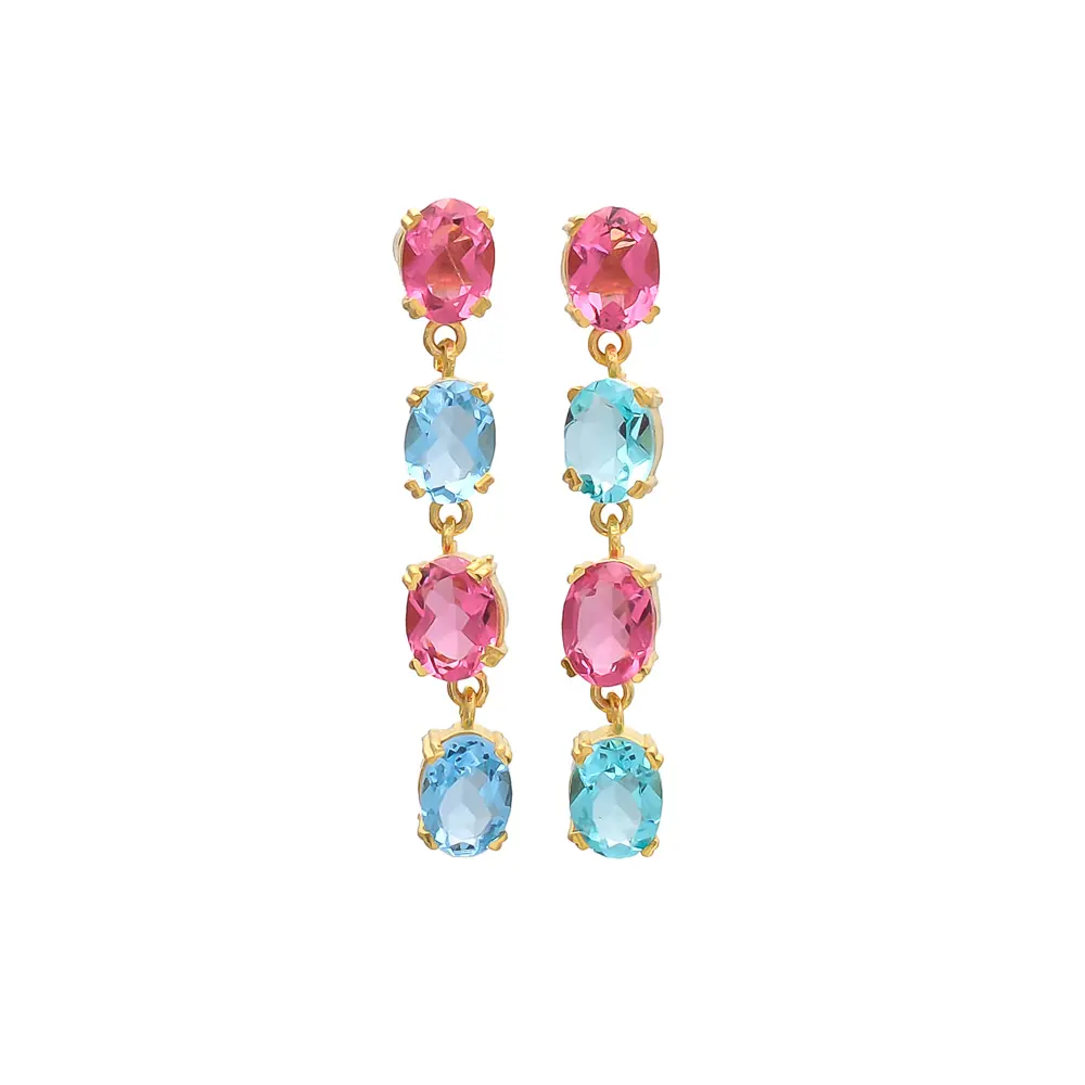 925 스털링 실버 블루 토파즈 & 핑크 전기석 하이드로 보석 아름다운 간단한 드롭 귀여운 귀걸이