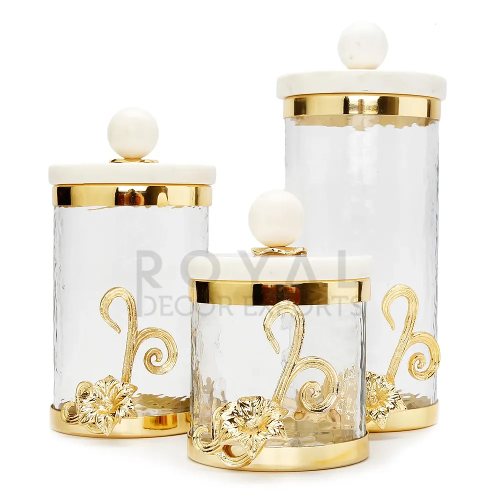 Kitchen Canister Set Gold or Silver jars with Marble Lid Luxury Metal White & Gold Storage Canisters Fancy Design Glass Jar