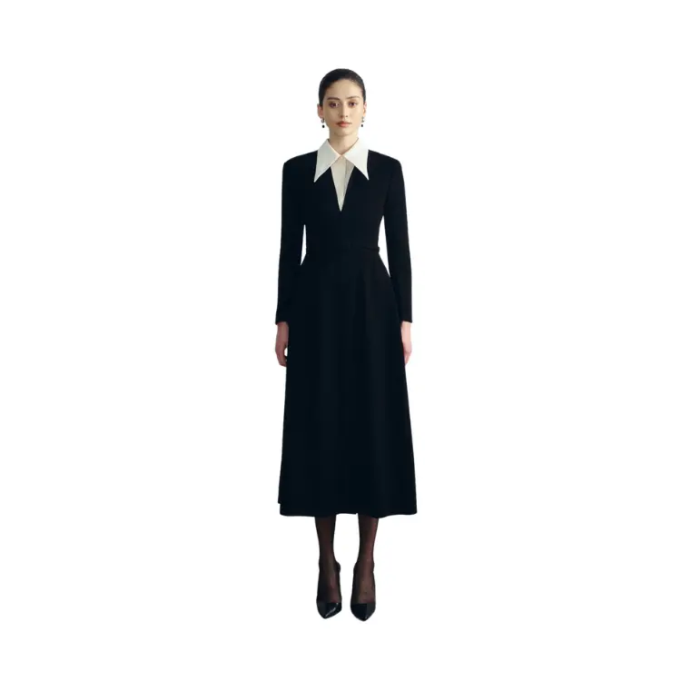 Vestido acampanado negro largo de alta calidad con cuello ANDREA MIDI DRESS 100% vestidos casuales de poliéster del fabricante de Vietnam