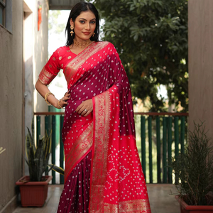 Pure Bandhej Silk Saree with Rich Tissue Pallu Original Bandhej and Zari Weaving Border for Indian &amp; Pakistani Clothing - Product Image 1