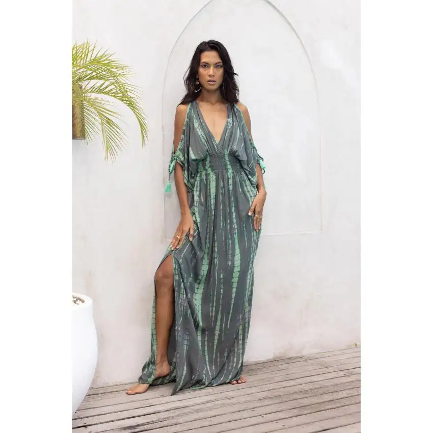 2024 estilo bohemio llegada colección de manga larga elegante Tie Dye rayón Maxi Batik largo Kaftan Maxi vestido