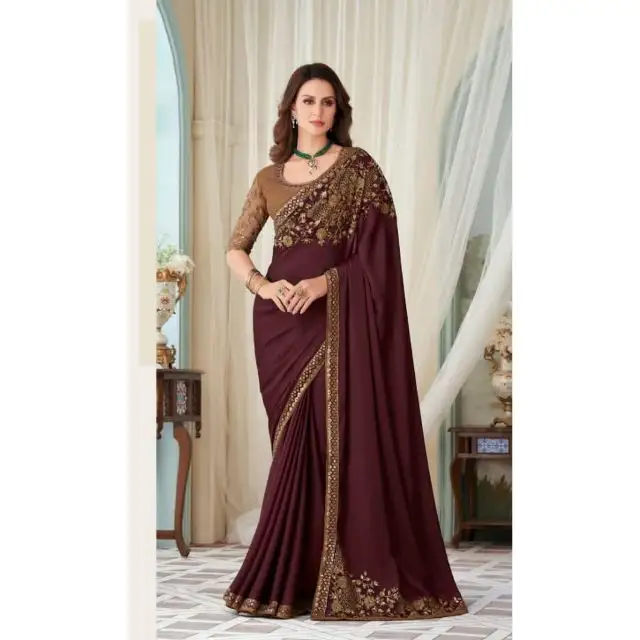 Premium Quality Best Collection Festival Wear Milano Silk Saree Blouse With Embroidery Work Indian Exporter And Supplier
