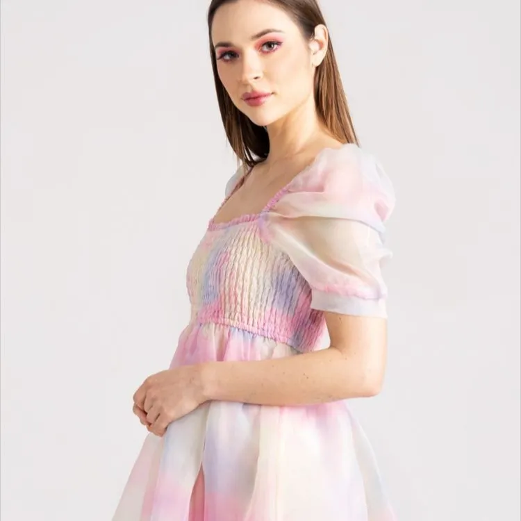 Mini abito da bambola rosa pastello per donna abito da principessa elegante gonna da fata arcobaleno manica a bolle Mini abito corto gonfio OEM