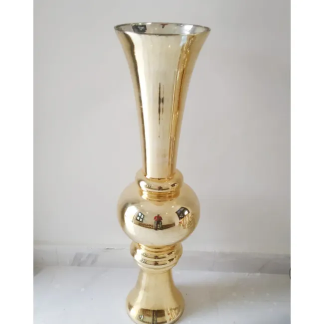 Wholesale large tall amber colored glass flower bud vases with Gold color, Shiny Gold Trumpet Tall glass vase