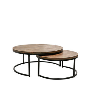 Juego de mesa de centro redonda, mesas laterales anidadas para sala de estar, mesa de madera y Marco de metal resistente, madera natural, color negro - Product Image 6