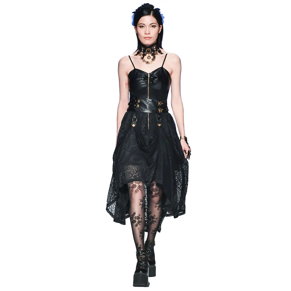 SL000088 Damen Steampunk Victorian Kunstleder verziert High-Low Hem Spitzen kleid