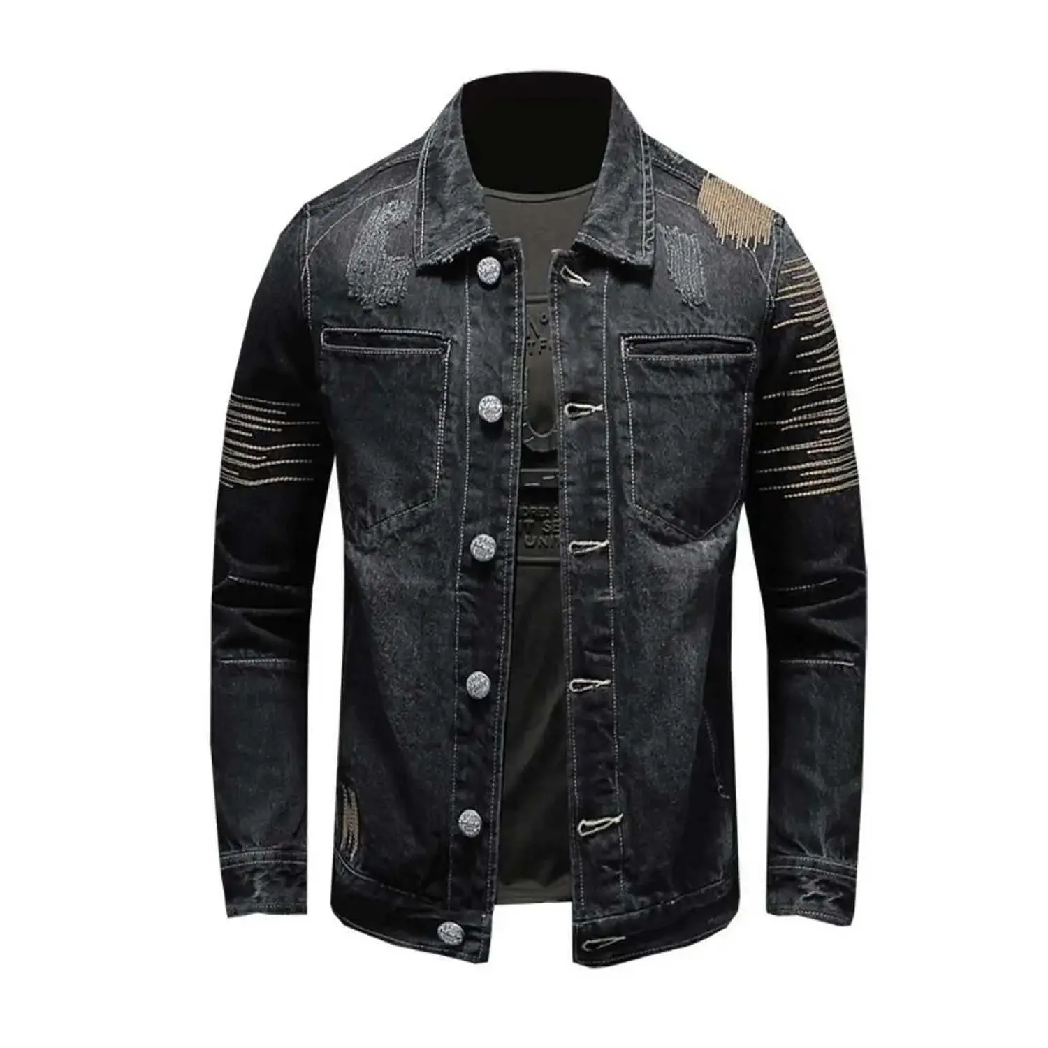 Hombres diseño clásico motorista rayas hombro ácido lavado Denim jeans chaqueta al por mayor personalizado liso a prueba de viento ácido lavado chaqueta