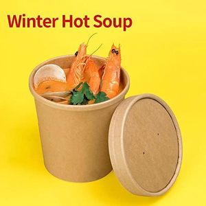 16 OZ yuvarlak şekiller gıda sınıfı sızdırmaz tek kullanımlık Kraft kağıt kapaklı özel baskı kaseler ile çorba bardağı sıcak derin çorba kasesi