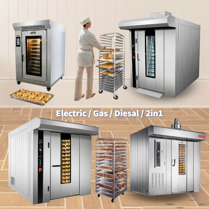 Gás diesel elétrico mini pastelaria Industrial usado 8 16 32 64 bandeja cremalheira forno rotativo para padaria venda pão fazer cozimento nigeria preço