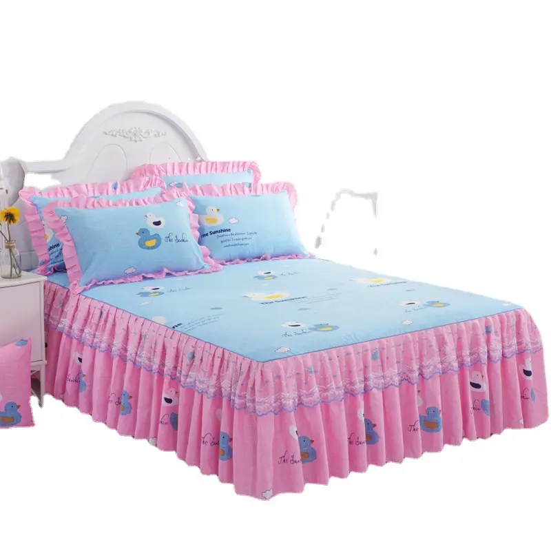 Juego de ropa de cama de estilo popular de fábrica SP46, juego de sábanas y fundas de almohada, falda de cama de encaje doble antideslizante