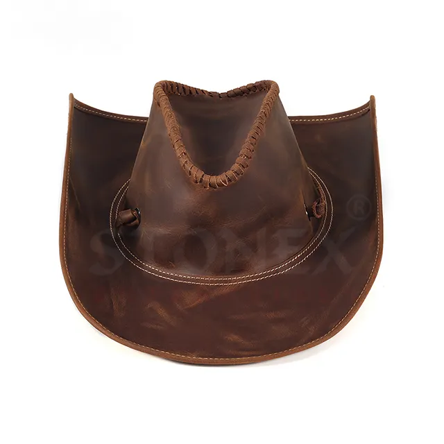 Atacado Premium Quality Men Cowboy Hat Cowhide Couro Western Gentlemen Style Confortável PU Leather Hats