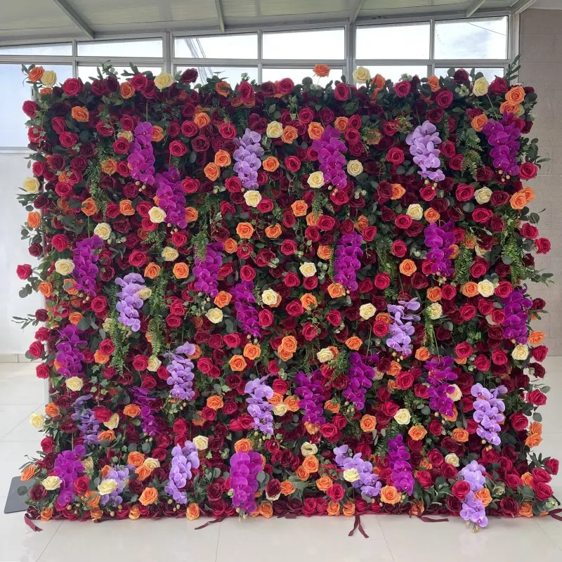 Tela de pared de flores de color café para decoración de boda, flor de rosa de seda artificial de colores 3D y mariposa, pared de flores en 3D