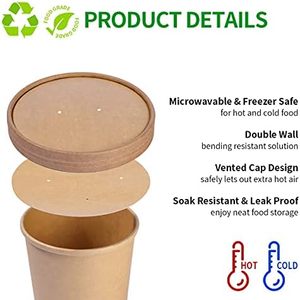 16 OZ yuvarlak şekiller gıda sınıfı sızdırmaz tek kullanımlık Kraft kağıt kapaklı özel baskı kaseler ile çorba bardağı sıcak derin çorba kasesi