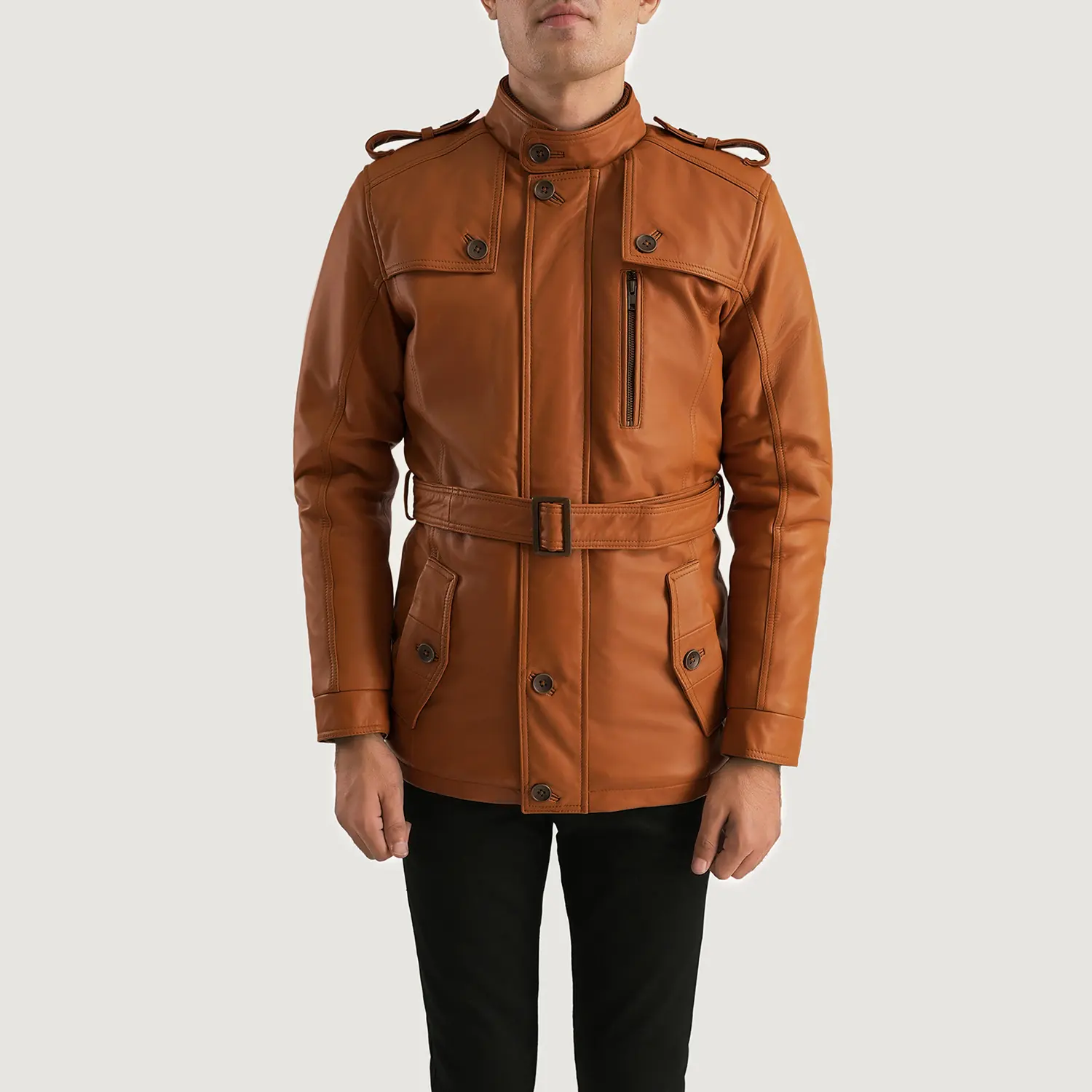 Nuovo Design 2024 elegante giacca di pelle marrone chiaro originale pelle di montone dettagli con cintura di pelle da uomo