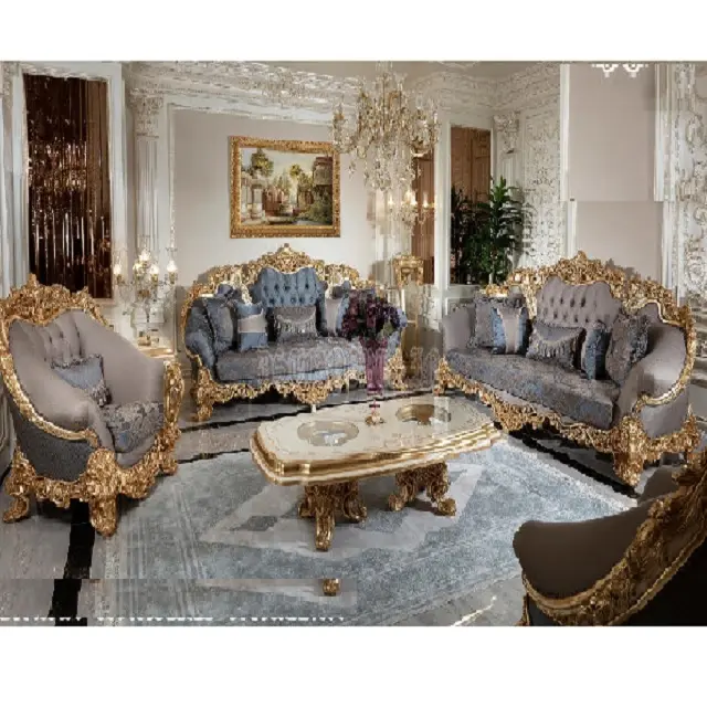 Juego de sofá de muebles europeos de lujo para sala de estar, compre un juego de sofá tallado pesado de lujo de 8 plazas, juego de sofá tallado para sala de estar real