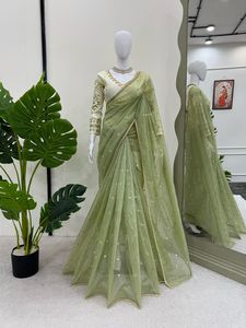 Tasarımcı Adults parti kıyafeti Sari bluz hint pakistanlı yeni Sari yetişkinler için düğün Net kumaştan yapılmış - Product Image 3