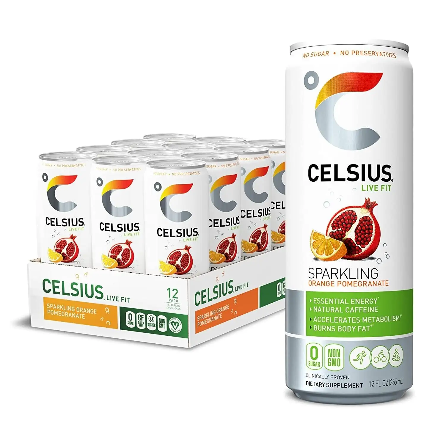 Bevanda energetica Fitness frizzante CELSIUS, melograno Zero zucchero-arancia, 12 lattine