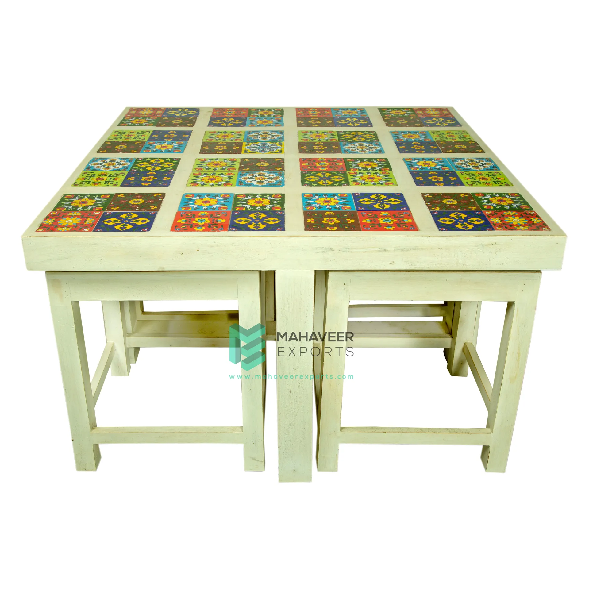 Mesa de centro cuadrada con cuatro taburetes extensibles para sala de estar, juegos de muebles de diseño moderno, azulejos de cerámica de madera