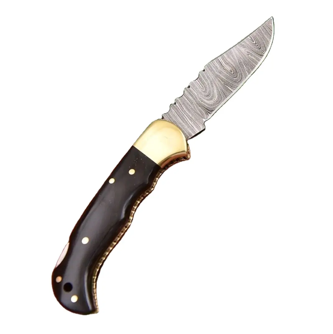 Faca de bolso dobrável multifuncional para atacado, faca de bolso dobrável em aço Damasco com bainha de couro CW-0750