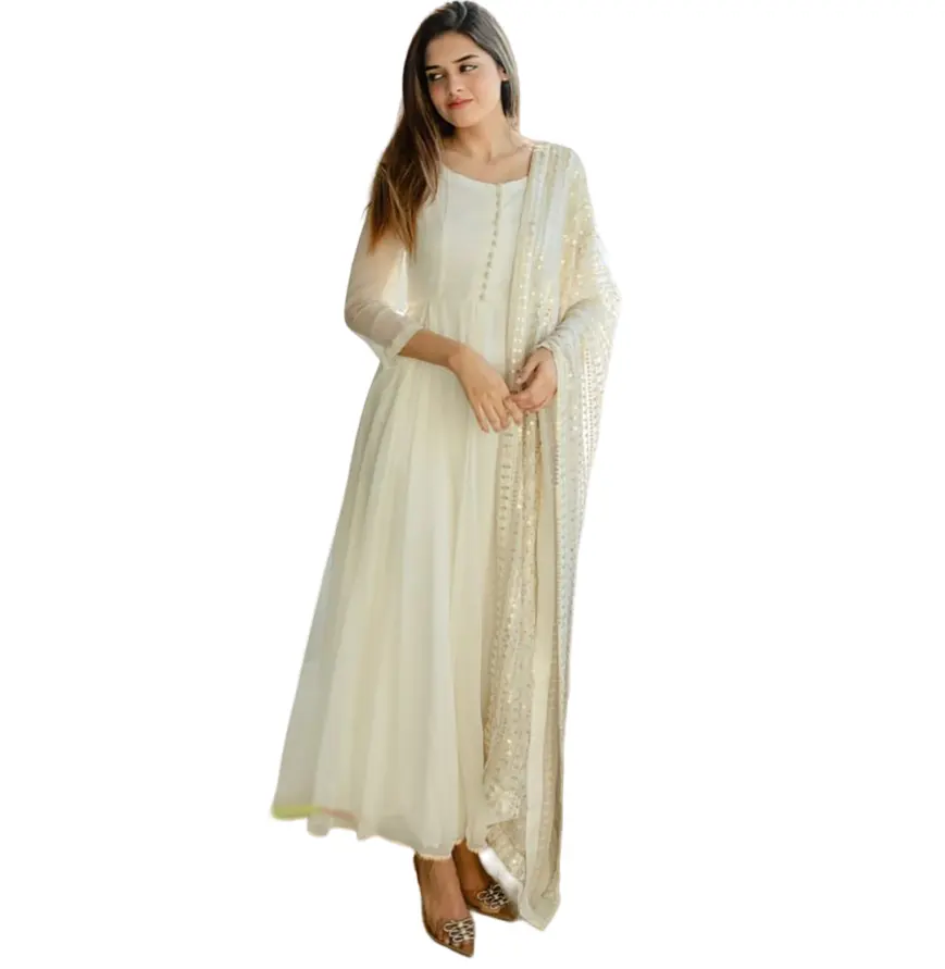 Vestido longo indiano Readymade & conjunto Dupatta, raposa branca Georgette com lantejoulas bordado trabalho costura completa festa roupa para mulheres