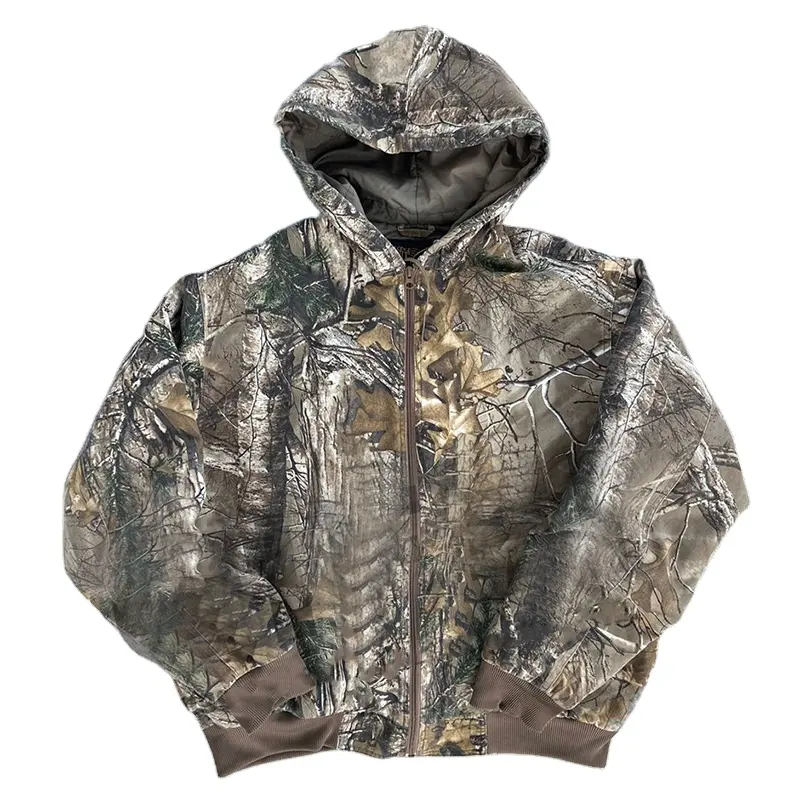 Custom vintage printing camouflage zip up jacket camo hunting cargo full zip hoodie for men