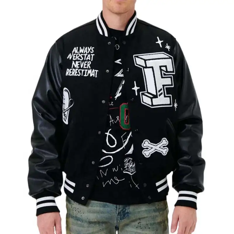 Oem toptan özel Streetwear nakış logosu kırmızı beyzbol Letterman Varsity bombacı ceket erkekler için