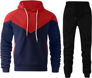 高品质男士撞色绳羊毛运动服健身房套装连帽衫上下慢跑者，配有男士拉绳休闲套头衫