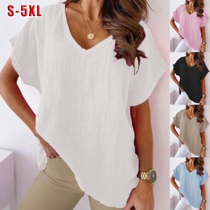 女性用ホワイトパフォーマンスコットン<span class=keywords><strong>V</strong></span>ネックTシャツ無地半袖ライトルーズフィット長丈プリントパターン