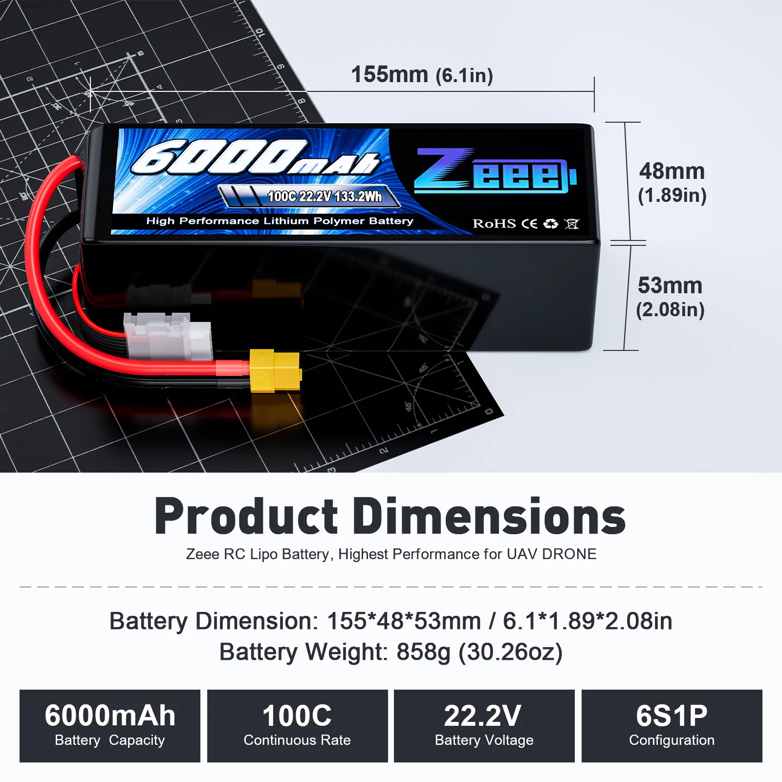 Batteria Drone Zeee FPV 22.2V 6S 5200/6000/8000/10000/12000/16000/22000/30000mAh 6S batteria Lipo per FPV drone UAV